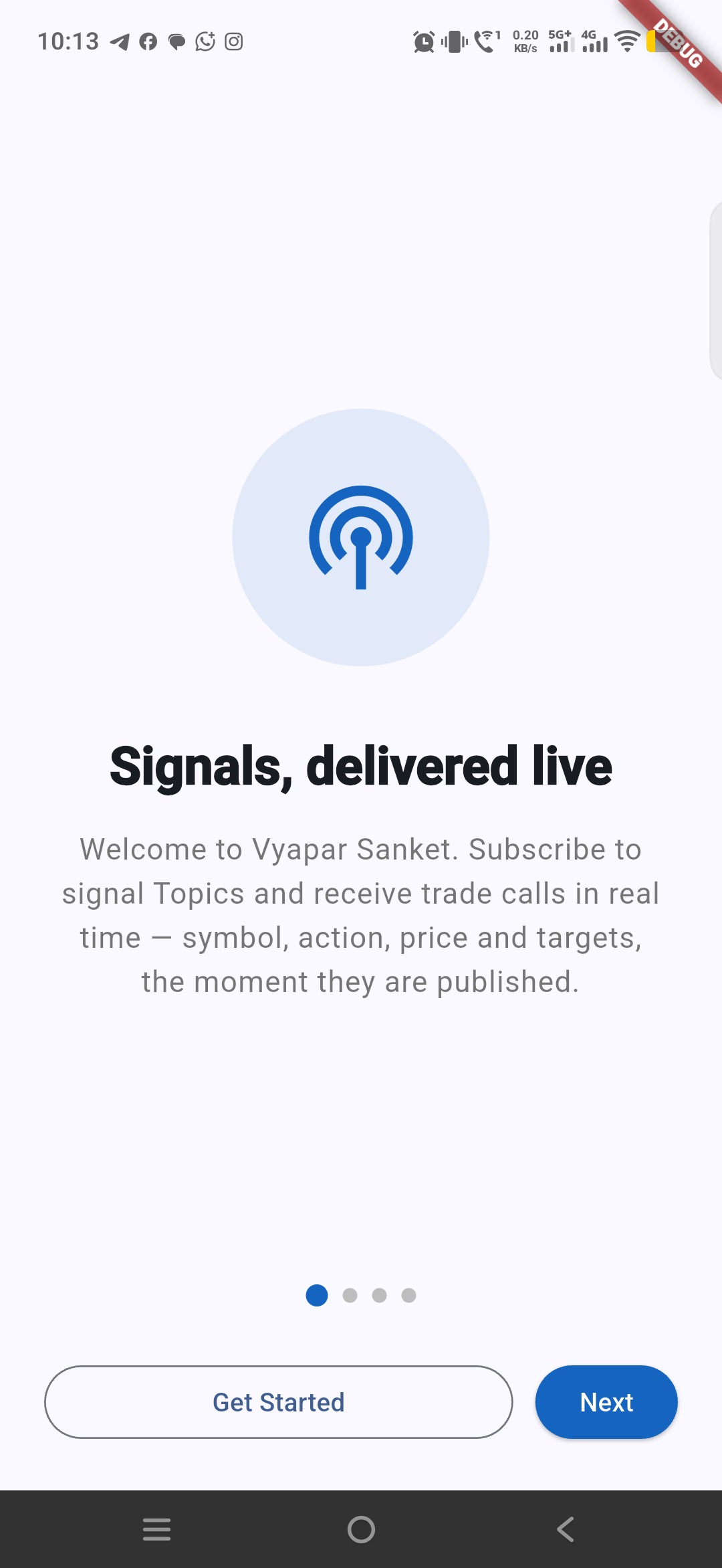 Vyapar Sanket Android app before-login screen showing live signal delivery onboarding