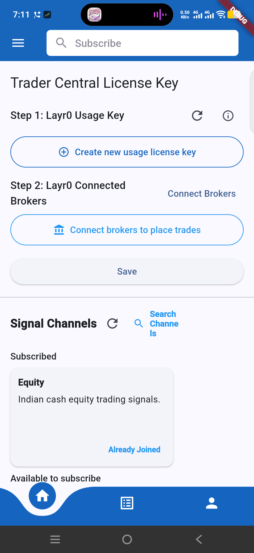 Vyapar Sanket home screen showing Trader Central license key setup, broker connection, and signal channels