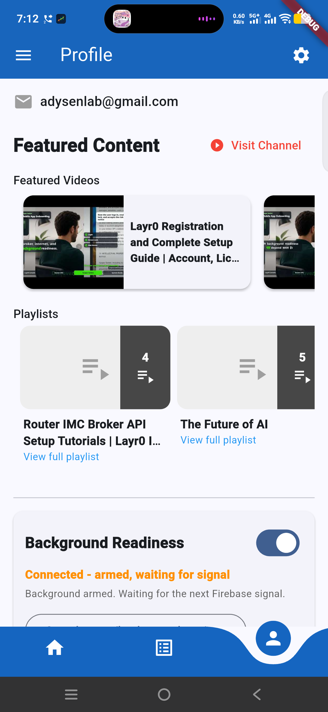 Vyapar Sanket profile screen showing featured content, playlists, and background readiness status